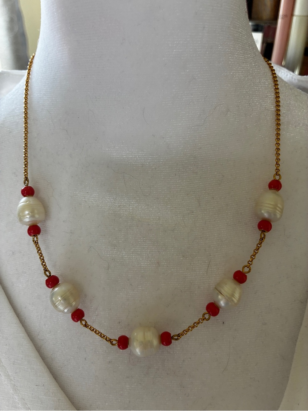 Gold Chain Necklace with Cream Pearls and Red Accents